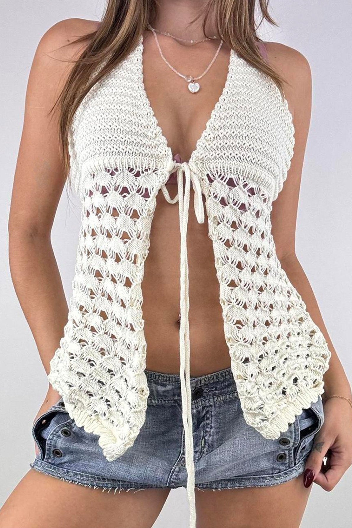 Knit Crochet Tie Neck Cami Halter Top