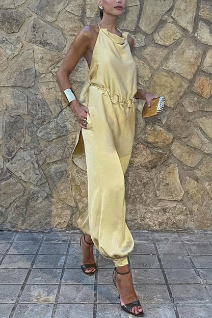 Satin Solid Color Loose Backless Casual Top