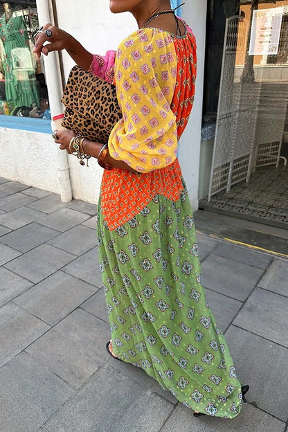 Genovah Colorful Tile Print Patchwork V-neck Balloon Sleeve Maxi Dress