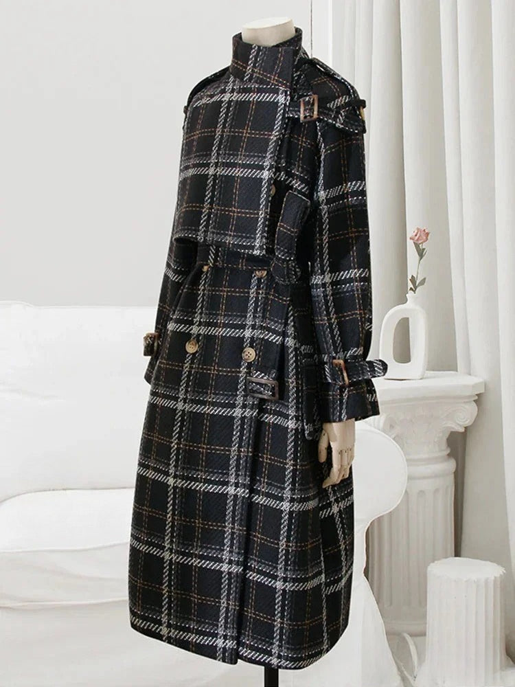 Autumn Winter Long Loose Warm Plaid Wool Blends Sleeve Belt Double Breasted Woolen Stylish Coat
