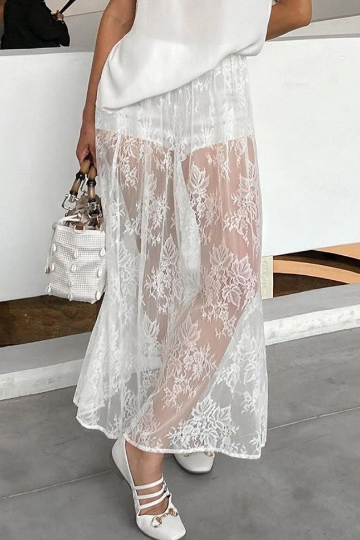 Sexy Sheer Brocade Lace White Jacquard Maxi Skirt