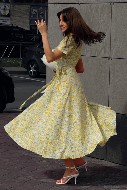 V-Neck Short Sleeve Floral Wrap Dress