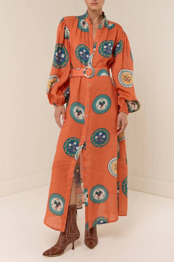 Collared Waist-Cinched Printed Maxi Shirt Dress