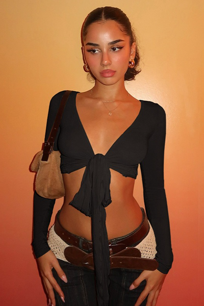 Wrap Tie V Neck Long Sleeve Cropped Crop Top