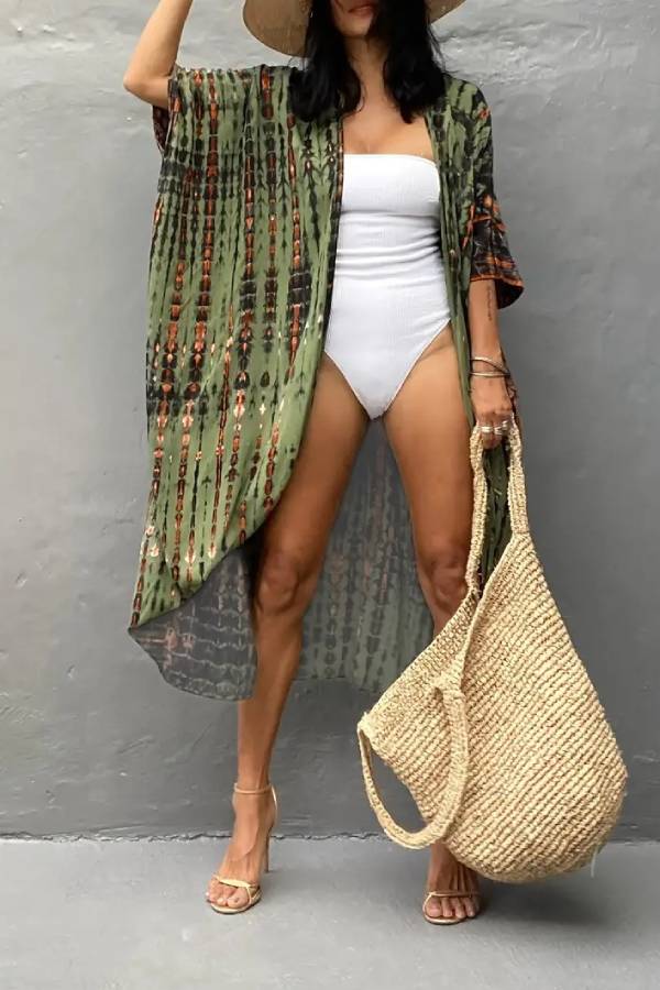 Multi-Color Tie-Dye Belted Open Front Beach Kimono