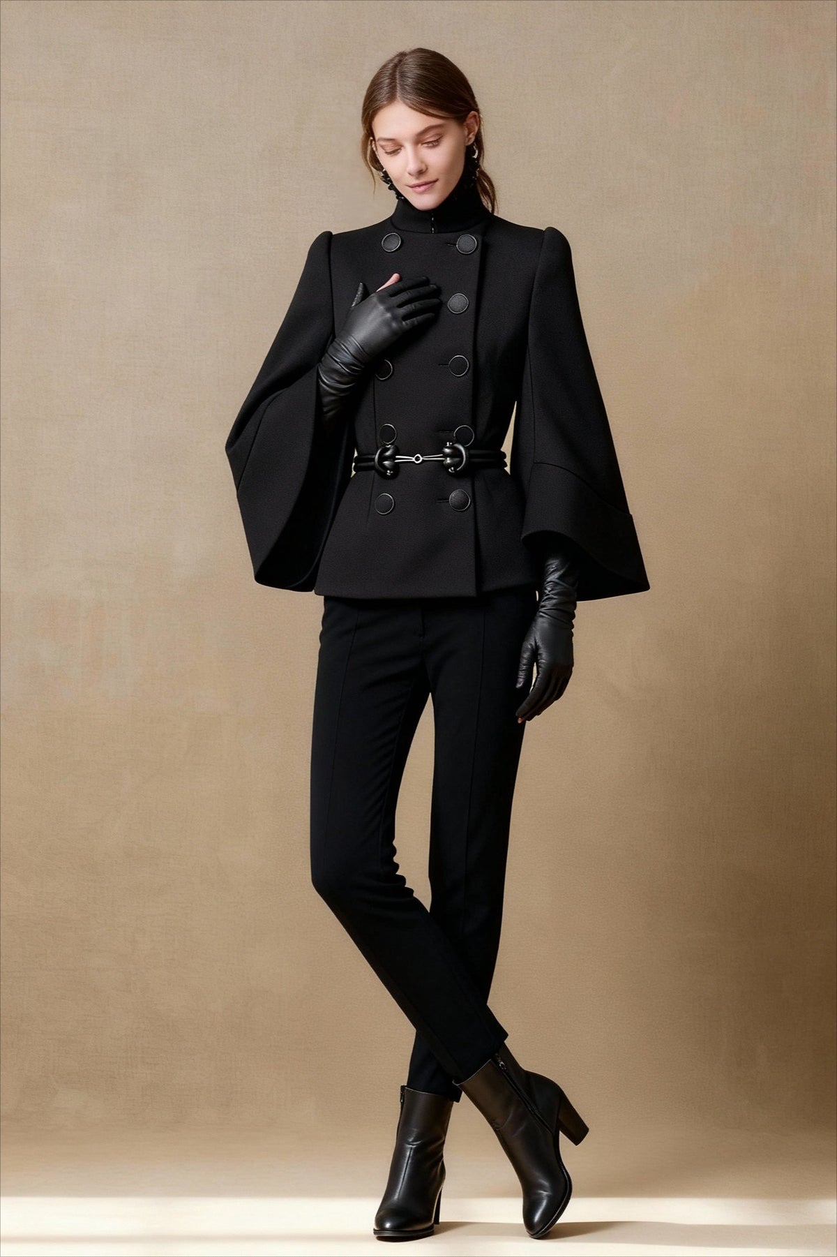 Double Breasted High Neck Solid Flared Buttoned Elegant Coats