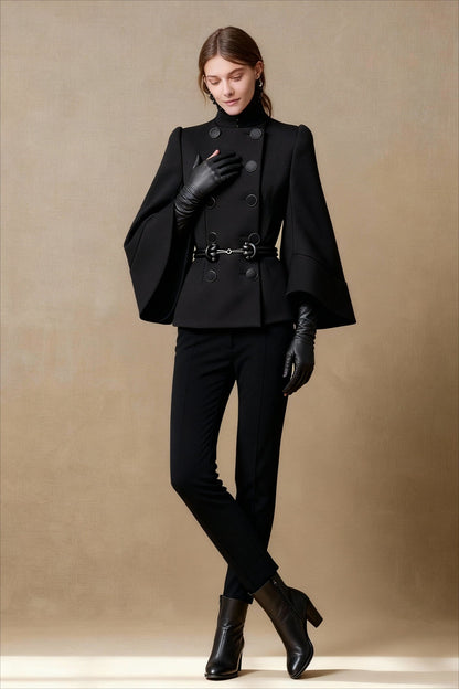 Double Breasted High Neck Solid Flared Buttoned Elegant Coats
