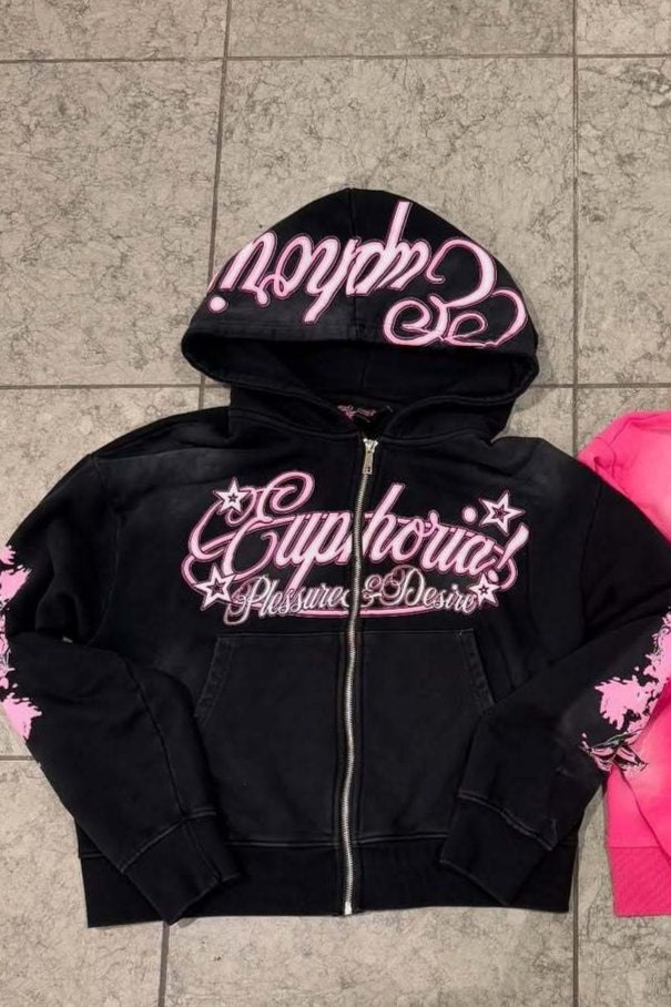 Rhinestone Script Zip Up Hoodie