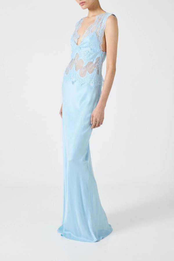 Effortless Elegance Satin Sheer Lace Patchwork V-neck Drape Maxi Dress