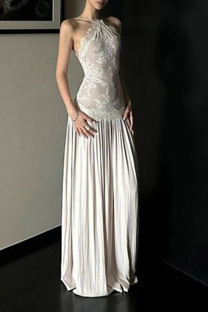 Spice Girl Lace Insert Backless Slip Prom Dress
