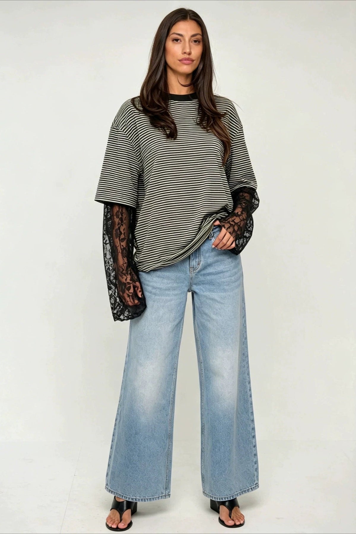 Lace Sleeve Striped Layered Tee