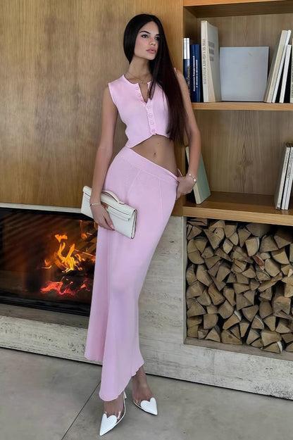 Pink Knit Sleeveless Cardigan Crop Top High Waist Skirt Set