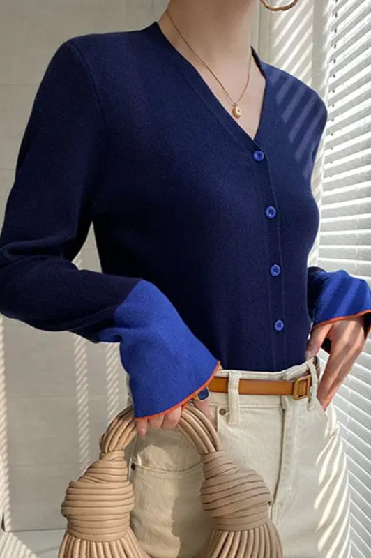 Flare Sleeve Colorblock Knit V-Neck Cardigan