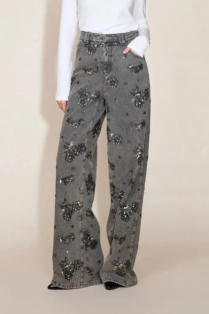 Jhenie Denim Beaded Sequin Floral Pattern Mid Rise Pocket Wide Leg Jeans