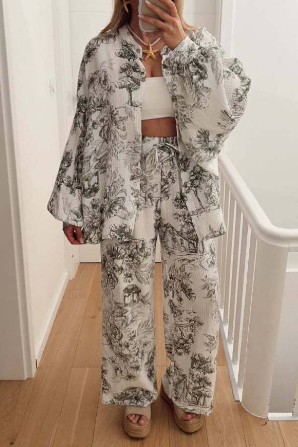 Ink Landscape Print Crinkle Shirt & Wide-Leg Pant Set