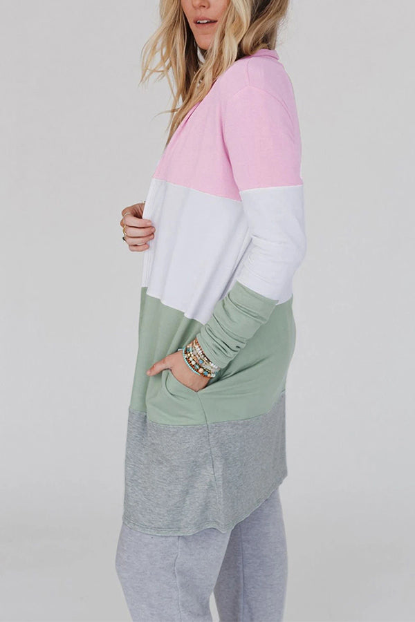 Multicolor Color Block Casual Pocketed Duster Cardigan