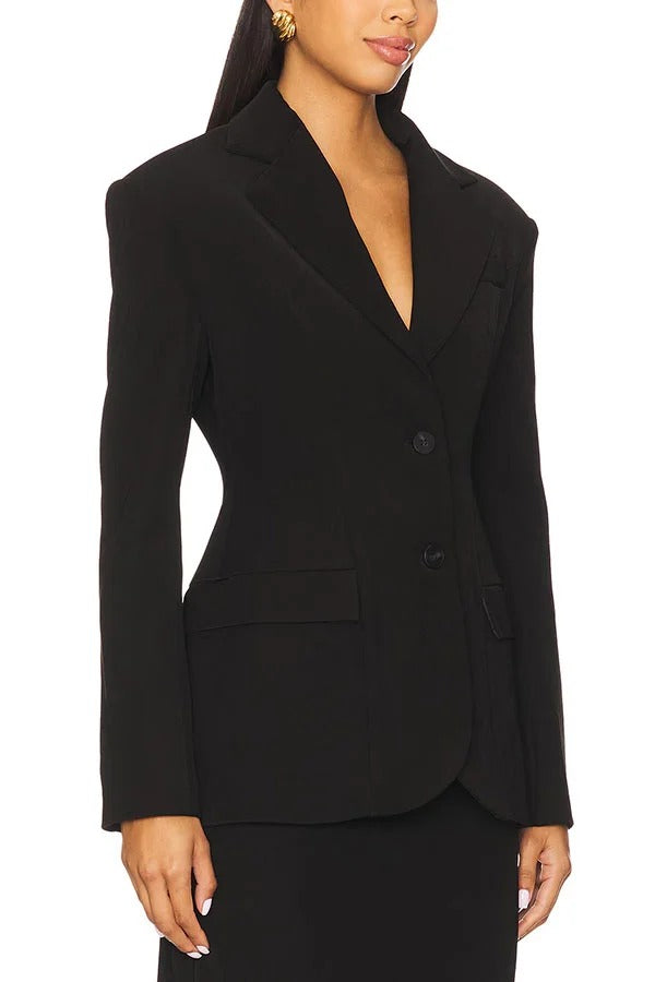 Chic Holiday Look Padded Shoulder Fitted Waist Long Sleeve Pocket Lapel Blazer