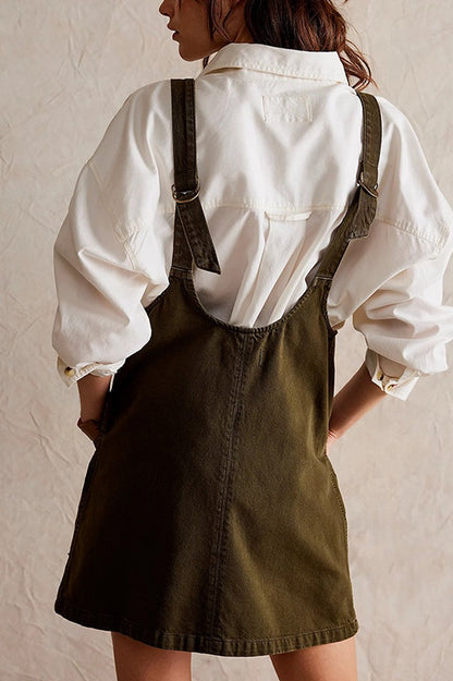 Denim Deep V-Neck Wide Strap Front Pocket Pinafore Mini Dress