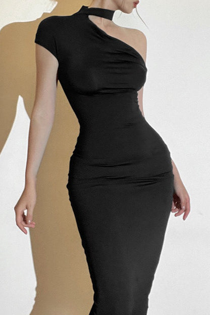 Velvet One Shoulder Choker Strap Cap Sleeve Bodycon Maxi Dress