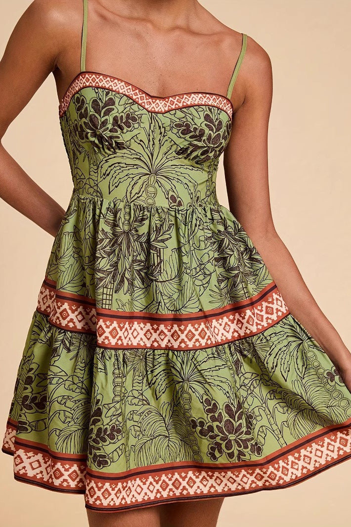 Green Printed Cami A Line Vacation Dress