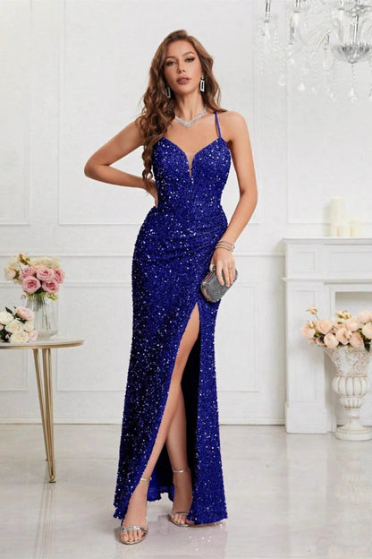 V Neck Slit Sequin Slip Prom Dress
