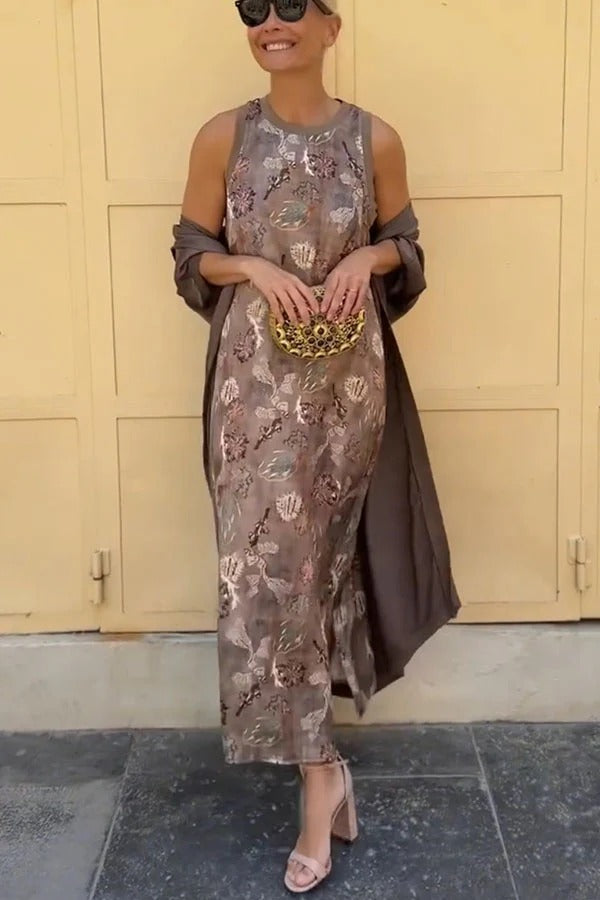 Riviera Unique Print Slit Tank Midi Dress and Satin Kimono Cover-up Two Pieces Set