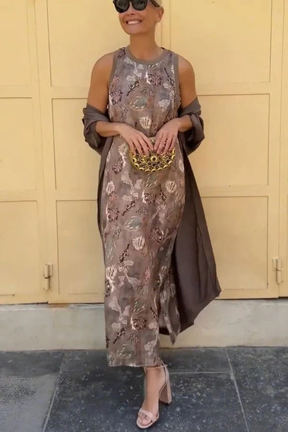 Riviera Unique Print Slit Tank Midi Dress and Satin Kimono Cover-up Two Pieces Set