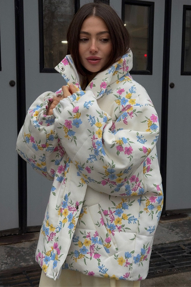 Printed Quilted Stand Collar Coat