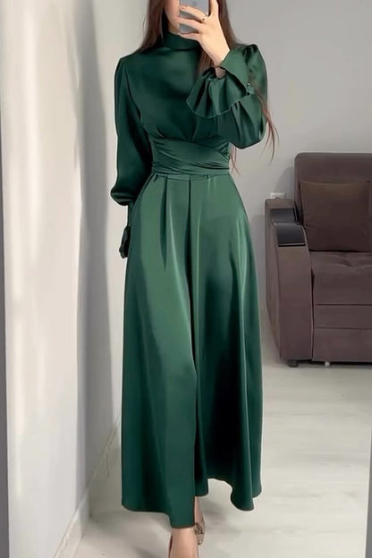 Mock Neck Bishop Sleeve Ruched Waist Satin Maxi Dress