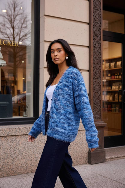 New Retro Fashion Deep V-Neck Maillard Plush Long-Sleeve Knit Cardigan