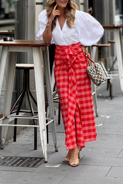 Red and White Checkered High Waist Tie Draped Maxi Skirt