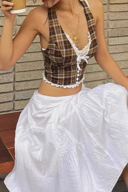 Sexy Plaid Lace Trim Halter Halter Top