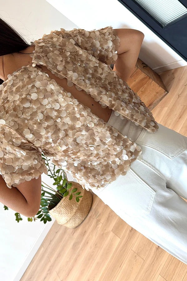 Clarisse Sequin Short Sleeve Back Slit Open Back Loose Top