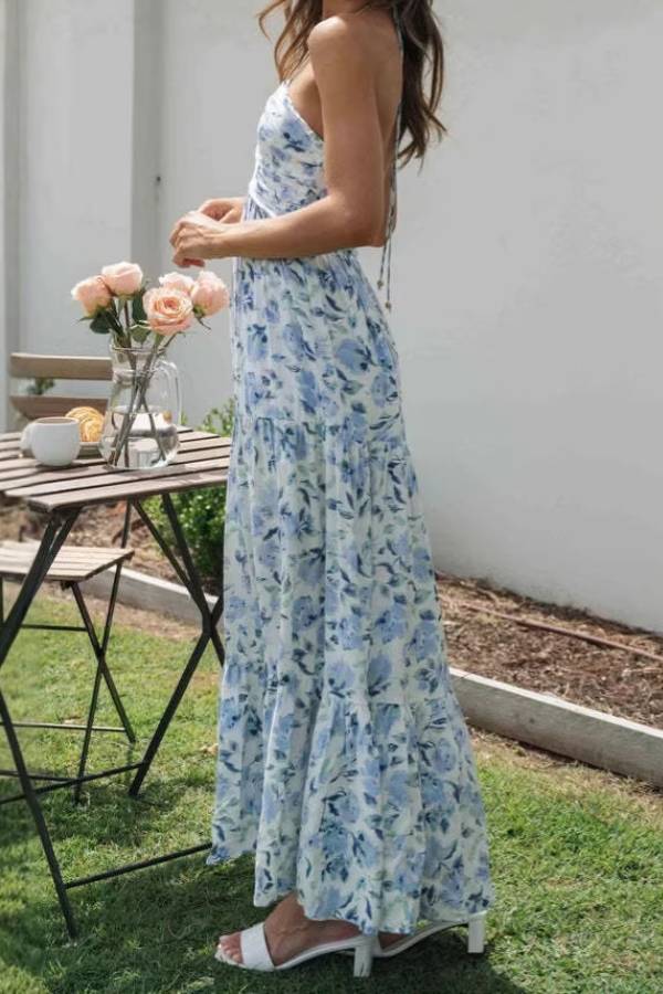 Multi-Color Floral Halter Backless Tiered Maxi Dress