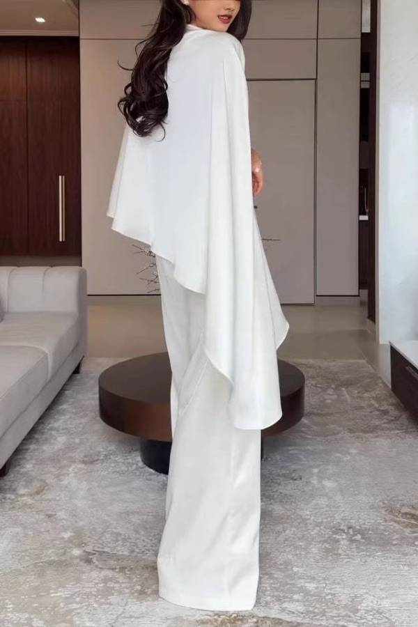 Luxury Satin Cape Top Wide Leg Pants Two Piece Set