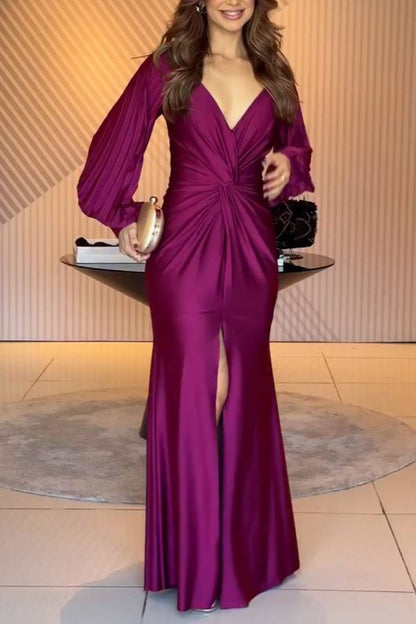 Satin Deep V Bubble Sleeve Slit Mermaid Evening Gown
