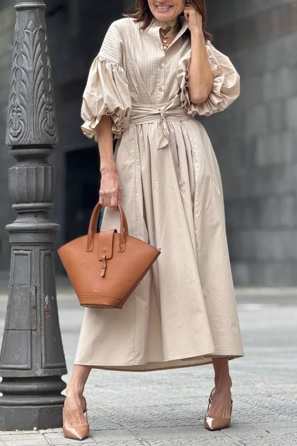 Stand‑Collared Puff Sleeve Tie‑Waist Shirt Midi Dress