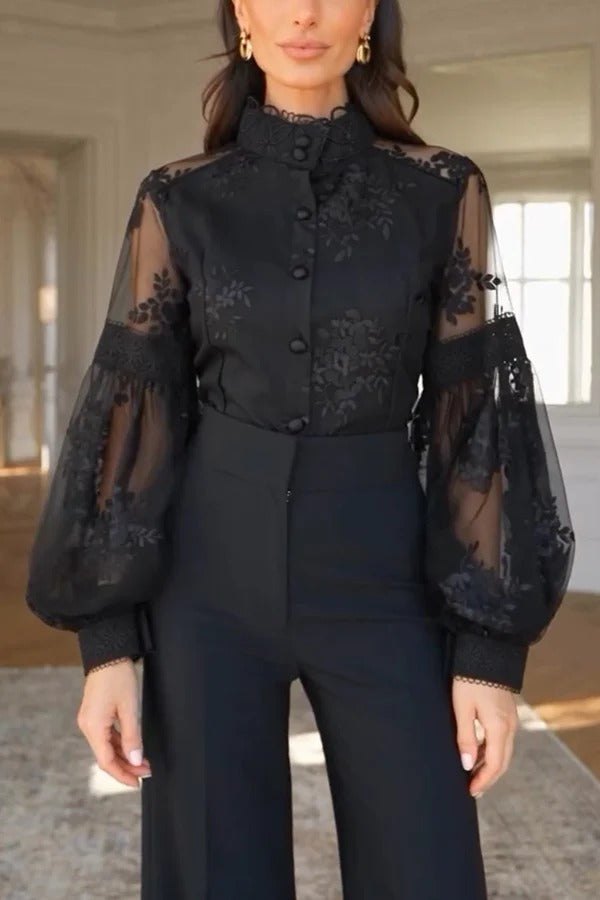 French Retro Mesh Embroidered Lace Stand Collar Puff Sleeve Blouse