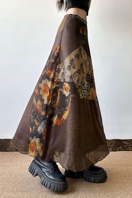 Abstract Print Contrast Waist Sheer Skirt