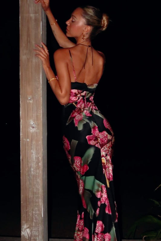 Floral Print Satin Spaghetti Strap Deep V-Neck Lace Trim Slip Maxi Dress