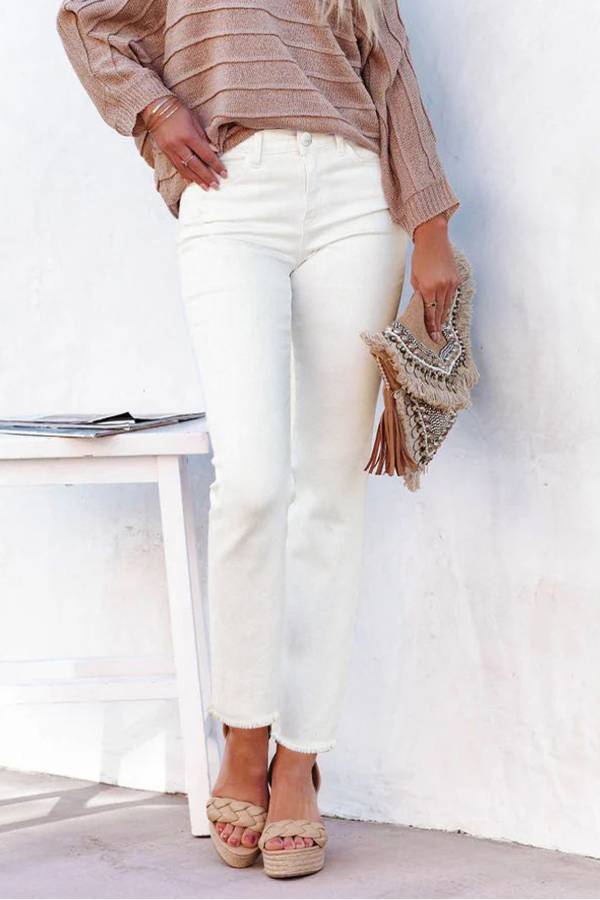 High-Waisted Frayed Hem Straight-Leg Cropped Jeans