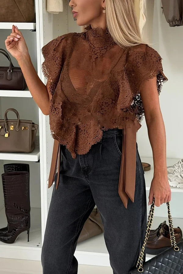 Court Style Stretch Lace High Neck Ruffle Sleeve Side Satin Tie-up Top
