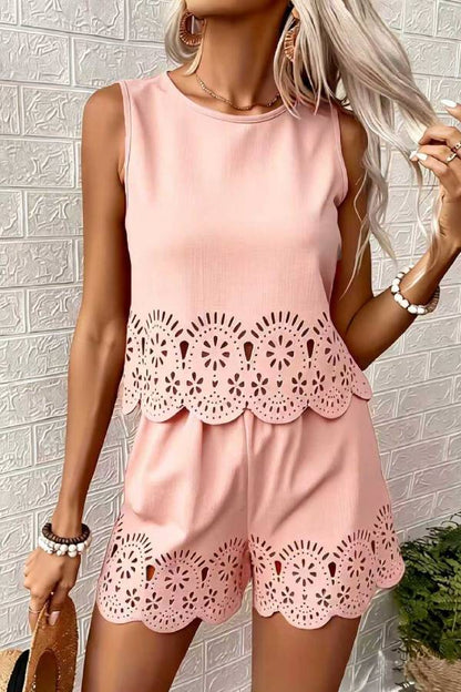 Multi-Color Cutwork Lace Trim Sleeveless Top & Shorts Set