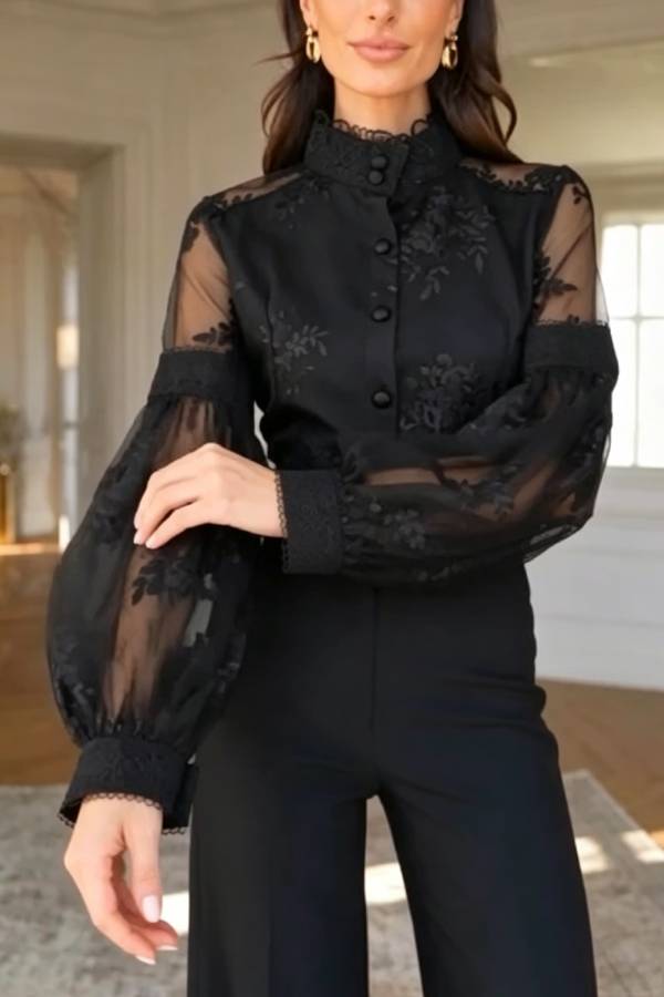 French Retro Mesh Embroidered Lace Stand Collar Puff Sleeve Blouse