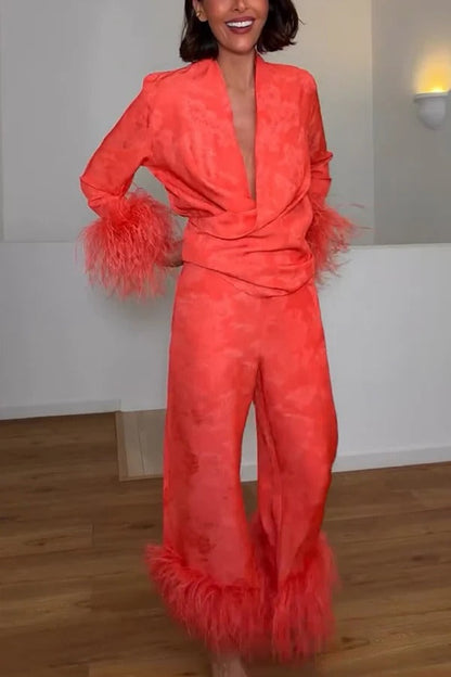Nolana Satin Jacquard Print Feather Trim Warp Blouse and Elastic Waist Loose Pants Set
