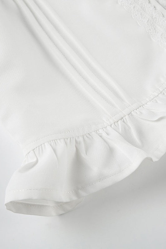 Lace Paneled Ruched Puff Sleeve Tie Blouse