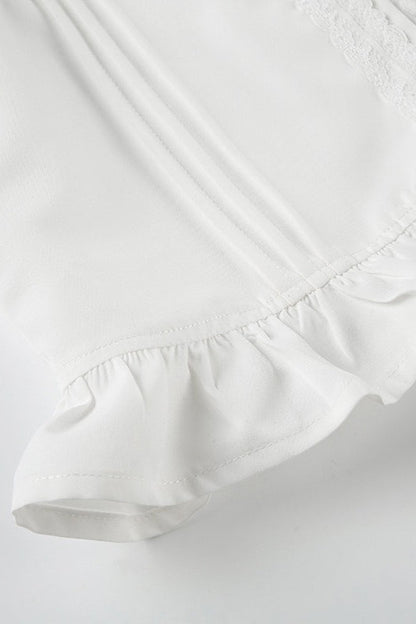 Lace Paneled Ruched Puff Sleeve Tie Blouse