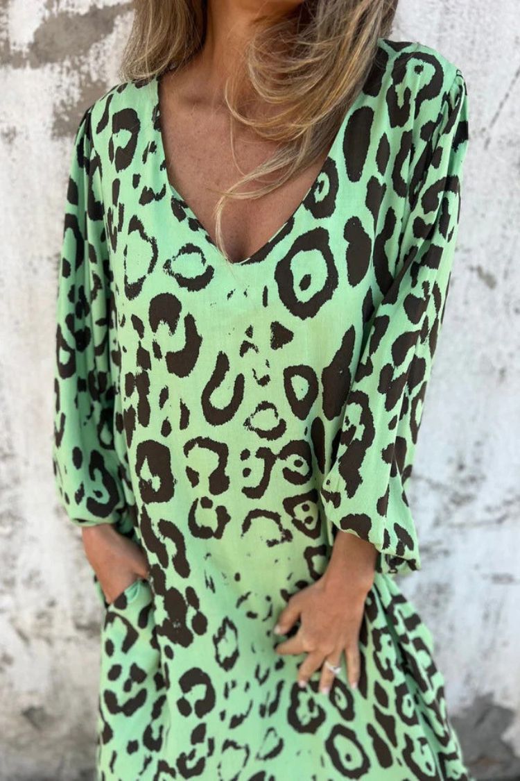 Leopard Print V-neck Pullover Long-sleeved Loose Dress