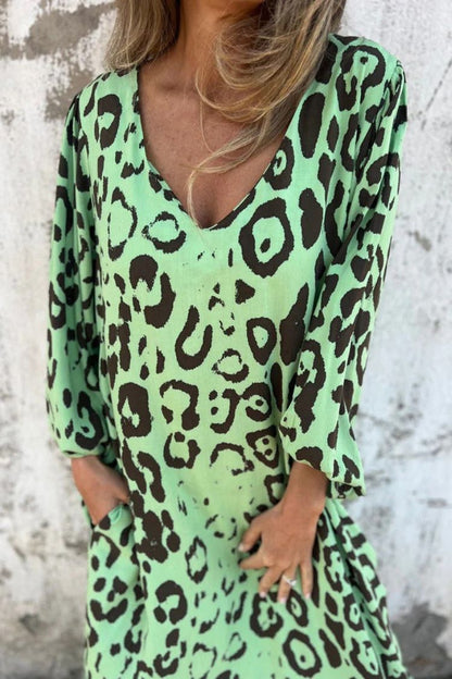 Leopard Print V-neck Pullover Long-sleeved Loose Dress