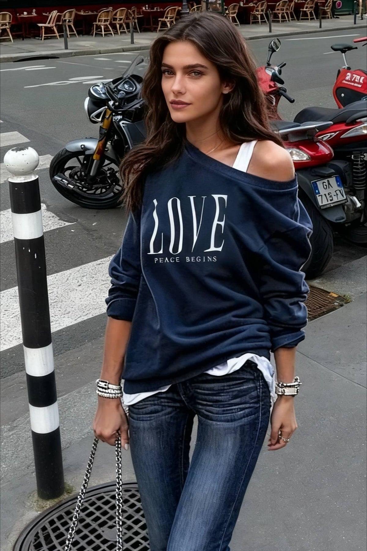 One Sweatshirt Tops Patterned Women's Heart Shoulder Casual Pullover Top